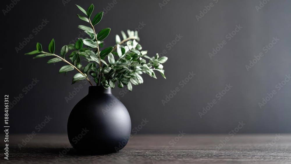 Fototapeta premium A matte black round vase with green leafy branches on a dark wooden table. Concept Matte black round vase centerpiece, Green leafy branches, Dark wooden table styling