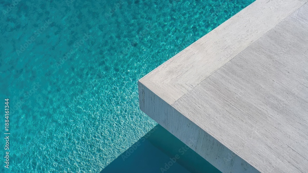 Obraz premium A white concrete platform extends over clear turquoise water, viewed from above. Concept Aerial View Photography, White Concrete Platform, Turquoise Water, Minimalist Seascape, Overhead Perspective
