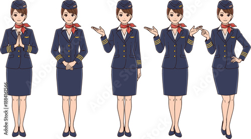 Set of professional flight attendant characters in blue uniform and cap performing various hospitable gestures for airline travel and aviation services.