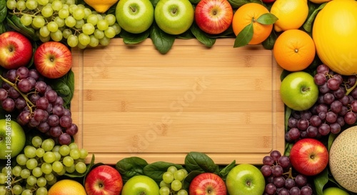 Nature's Harvest: An assortment of vibrant fruits encircles a wooden surface, forming a colorful border that invites the viewer to appreciate the beauty of nature's bounty.