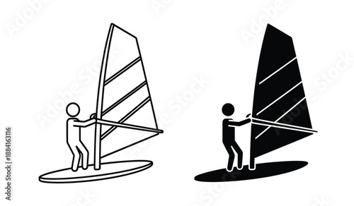 Black and white stick figures windsurfing with sailboards