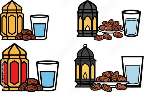 Assortment of traditional ramadan lanterns dates and glasses of water illustrating the blessed month's Iftar and Suhoor traditions for religious observance