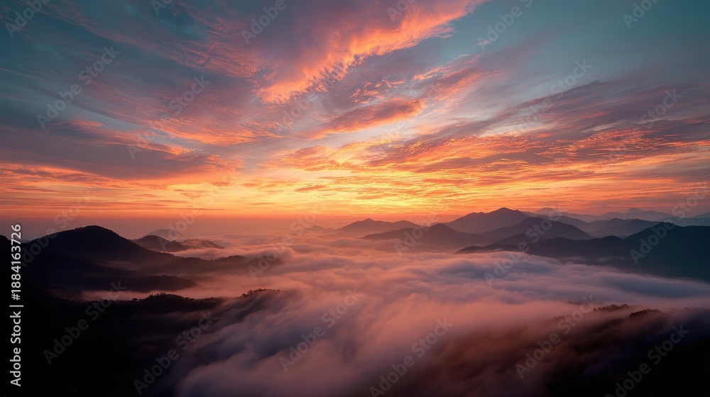 Obraz premium An enchanting sunrise illuminates the clouds above a majestic mountain range. The colors of the sky blend harmoniously, creating a breathtaking and serene vista