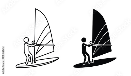 Black and white line art illustrations of people windsurfing with sailboards