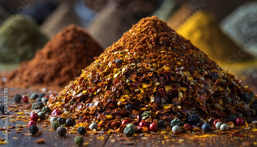 A vibrant pile of colorful spices and herbs on a wooden surface