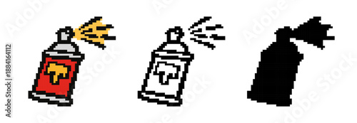 Pixel art spray paint can icons in three styles: colored, line art, and silhouette. Retro 8-bit graffiti graphics isolated on white background.