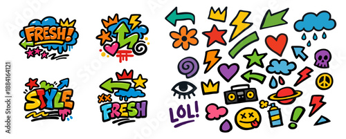 Set of colorful graffiti stickers and urban doodles featuring 'Fresh' and 'Style' text, stars, hearts, and various street art symbols.