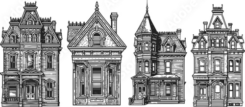 Detailed victorian houses vector set ornate old architecture facades with intricate windows and roofs classic vintage buildings in black and white