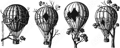 Vintage hot air balloons entangled in tree branches antique balloons with torn fabric caught in nature obstacles
