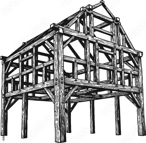 Timber frame house structure illustration traditional wooden building construction skeleton, architecture framework