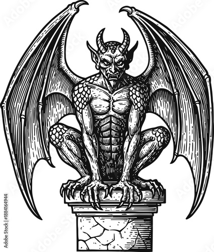 Demonic gargoyle statue crouching on stone pedestal with large wings and muscular detailed body