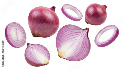 Obraz na płótnie a whole red onion and sliced rings, isolated on a transparent background, showcasing the crisp layers and vibrant purple hue for culinary use