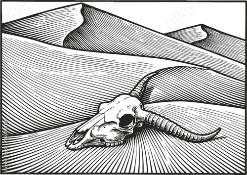 desert landscape with animal skull and sand dunes dry barren environment, survival, death symbolism, nature harshness
