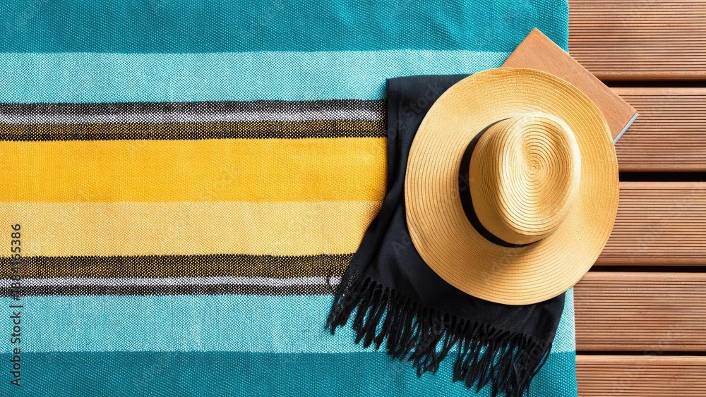 Fototapeta premium Straw sun hat rests on a black scarf atop a colorful striped beach towel spread on a wooden deck. Concept Straw Hat, Black Scarf, Colorful Striped Beach Towel, Wooden Deck, Beach Accessories