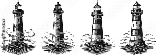 four vintage lighthouses with waves in black and white detailed line art drawings