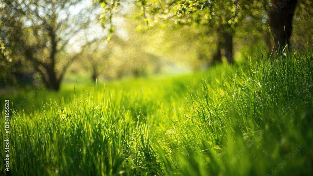 Obraz premium Sunlit green grass in the foreground with a tree-lined background and a distant, blurred path. Concept Sunlit Grass Foreground, Tree-lined Background, Distant Blurred Path, Natural Light Photography
