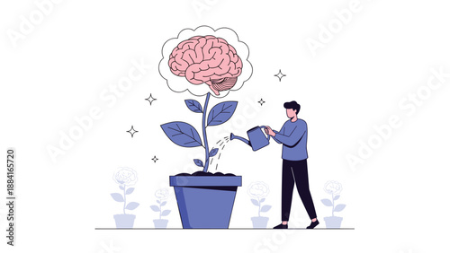 Conceptual illustration of a man watering a plant that has a human brain as a flower symbolizing personal growth and mental development.