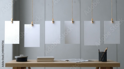 Five blank paper sheets hung in front of a wooden table, presenting an opportunity for showcasing messages