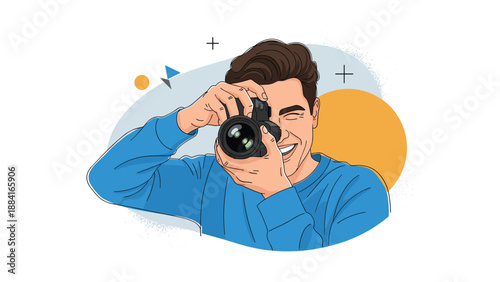 Enthusiastic male photographer smiling while holding a professional digital camera against a stylized graphic background.