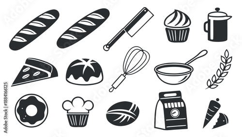 Collection of Minimalist Bakery and Kitchenware Icons for Gastronomy and Cooking