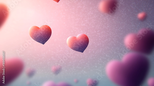 Floating Textured Pink Heart Shapes with Soft Artistic Light and Grain Effect Dreamy Romantic Wallpaper for Modern Design

