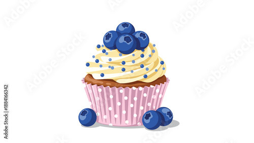 Delicious chocolate cupcake topped with rich white frosting and fresh juicy blueberries in a pink polka dot liner.
