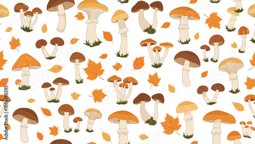Autumn themed seamless pattern featuring various types of wild mushrooms and fallen orange maple leaves on white.