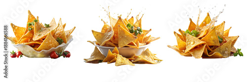 Set of a bowl of chips with splash isolated on a transparent background