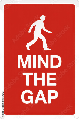 Mind the gap sign with white silhouette red background isolated on a transparent background