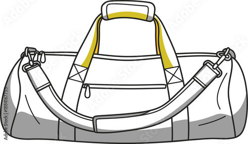 A detailed outline illustration of a travel duffel bag with a long strap and a highlighted yellow handle