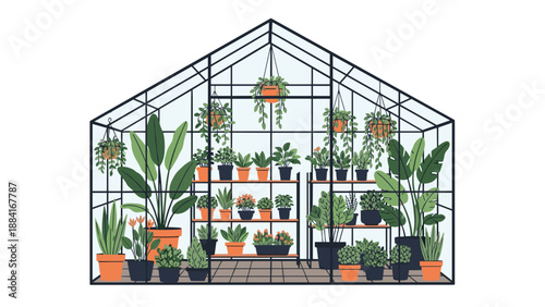 Detailed illustration of a glass greenhouse interior filled with numerous potted houseplants on shelves and hanging from the structure.