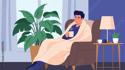 Relaxed man wrapped in a cozy beige blanket sits in a comfortable armchair and enjoys a hot drink in his living room during winter.