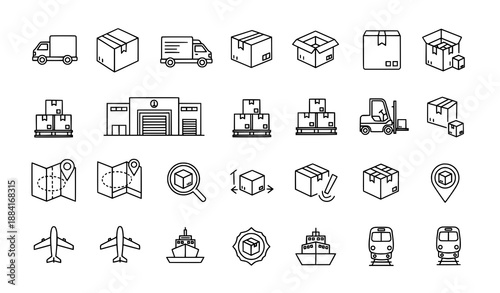 Logistics and delivery line vector icons set for shipping and transport