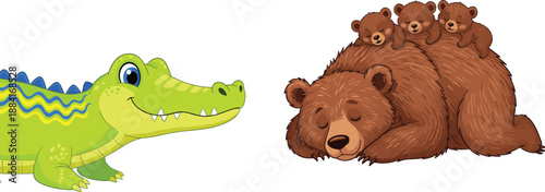 Adorable cartoon animal collection featuring a smiling green crocodile and a large brown mother bear sleeping peacefully with three small cubs on her back.