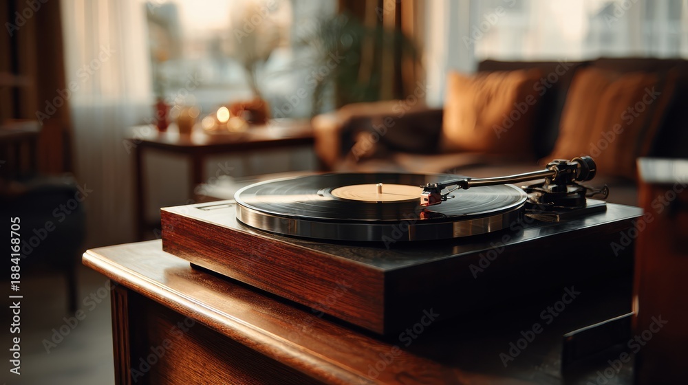 Obraz premium A vintage turntable playing vinyl records, creating a warm, nostalgic atmosphere