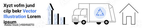 Sustainability, urban growth, eco-friendly logistics, recycling, environmental conservation, housing. A recycling truck with eco symbol, city graph and house. Sustainability and urban growth