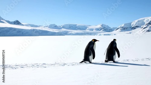 Two penguins walking on snow with mountains in the background, captured from a distance.