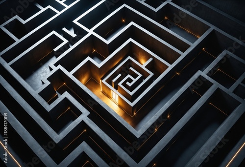 Wallpaper Mural Top view of dark concrete labyrinth with illuminated center path, business strategy and complex problem solving concept. Torontodigital.ca