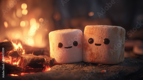 Cozy marshmallows enjoying the warmth of a crackling fire, symbolizing warmth and connection. They have cute, friendly faces, evoking feelings of comfort and joy. 
