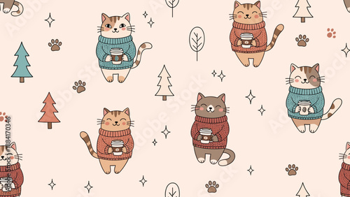 Seamless pattern featuring cute illustrated cats wearing warm sweaters and holding coffee cups among stylized winter trees and stars.