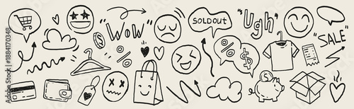 Hand drawn e-commerce doodle icons with shopping emotions, sale labels, cart, payment symbols and reactions. Expressive sketch style for online stores, marketing, UI, banners and social media.