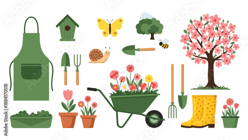 Comprehensive set of gardening tools and outdoor items including a wheelbarrow, birdhouse, yellow boots, plants, and a pink flowering tree.