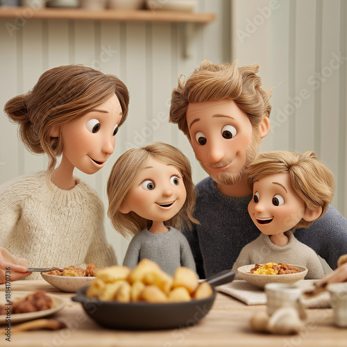 Happy family serving Pyttipanna dinner at home kitchen table