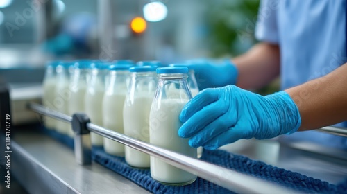 A worker in gloves carefully arranging fresh milk bottles on a conveyor belt