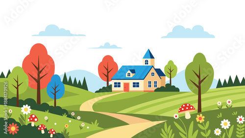 Beautiful rural landscape featuring a cozy house with a blue roof, winding path, colorful autumn trees, and a flowery meadow under a blue sky.