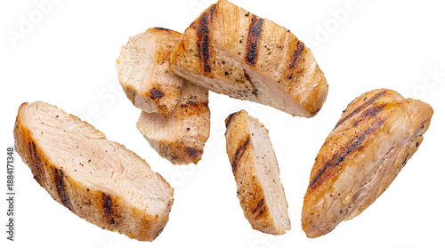 Fotografia delicious grilled chicken breast pieces, seasoned and perfectly cooked with char marks, isolated on transparent background