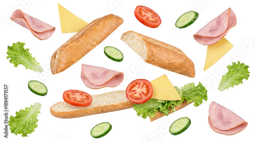 Photography scattered sub sandwich ingredients on a dark background: baguette pieces, ham slices, cheese squares, lettuce, cucumber, and tomato, creating a dynamic food composition
