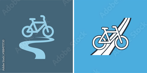 Modern bicycle icons featuring a bike on a winding path and a designated cycle lane, representing eco-friendly transportation, urban fitness, and cycling infrastructure.