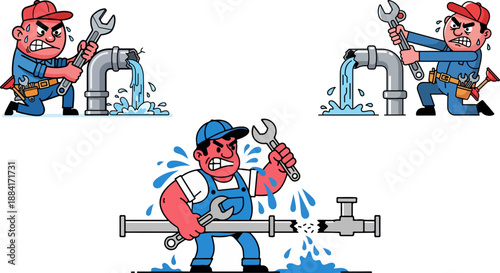 Cartoon plumber characters struggling intensely with various leaking and broken pipes showing serious frustration during difficult repair work