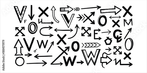 A collection of various arrows and letters in black on a white background